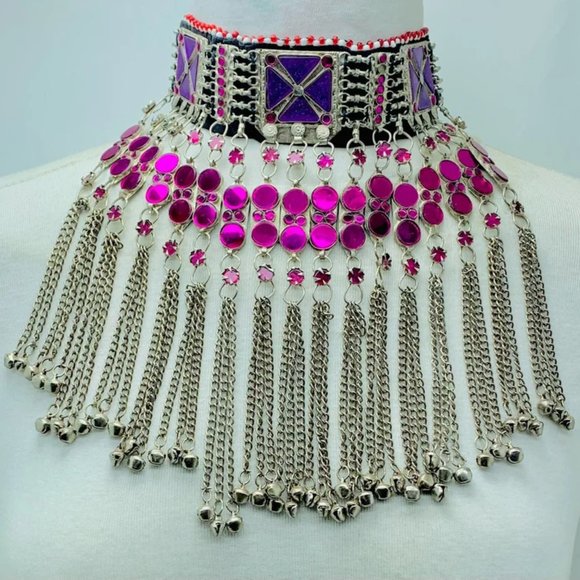 Jewelry - Handmade Afghan Choker Necklace: Purple Stone Tribal Statement with Bells
